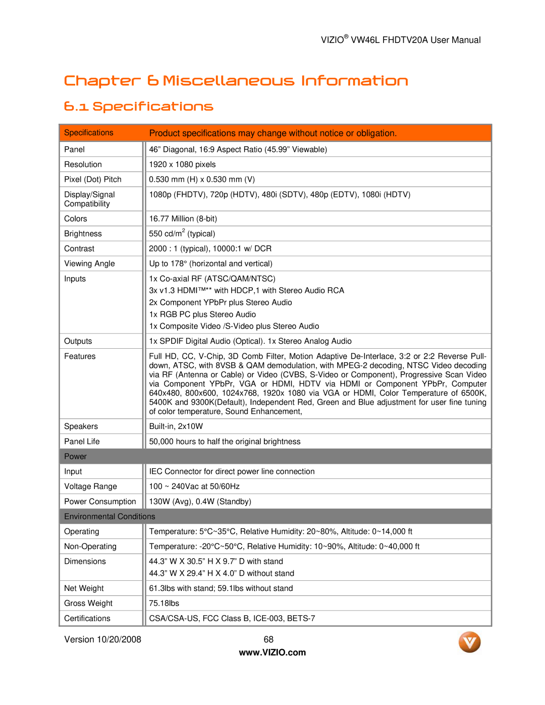 Weider VW46L user manual Miscellaneous Information, Specifications 