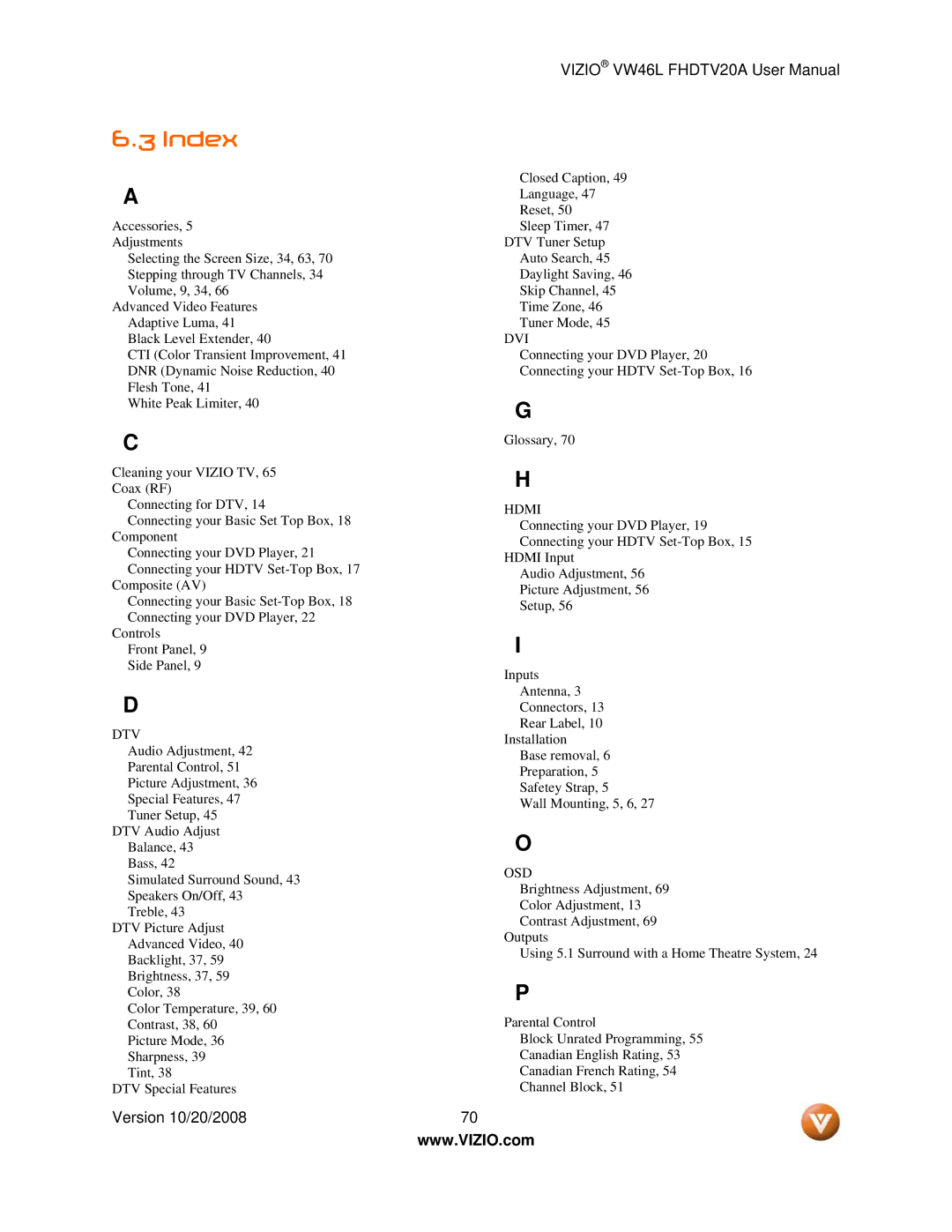 Weider VW46L user manual Index, Dtv 