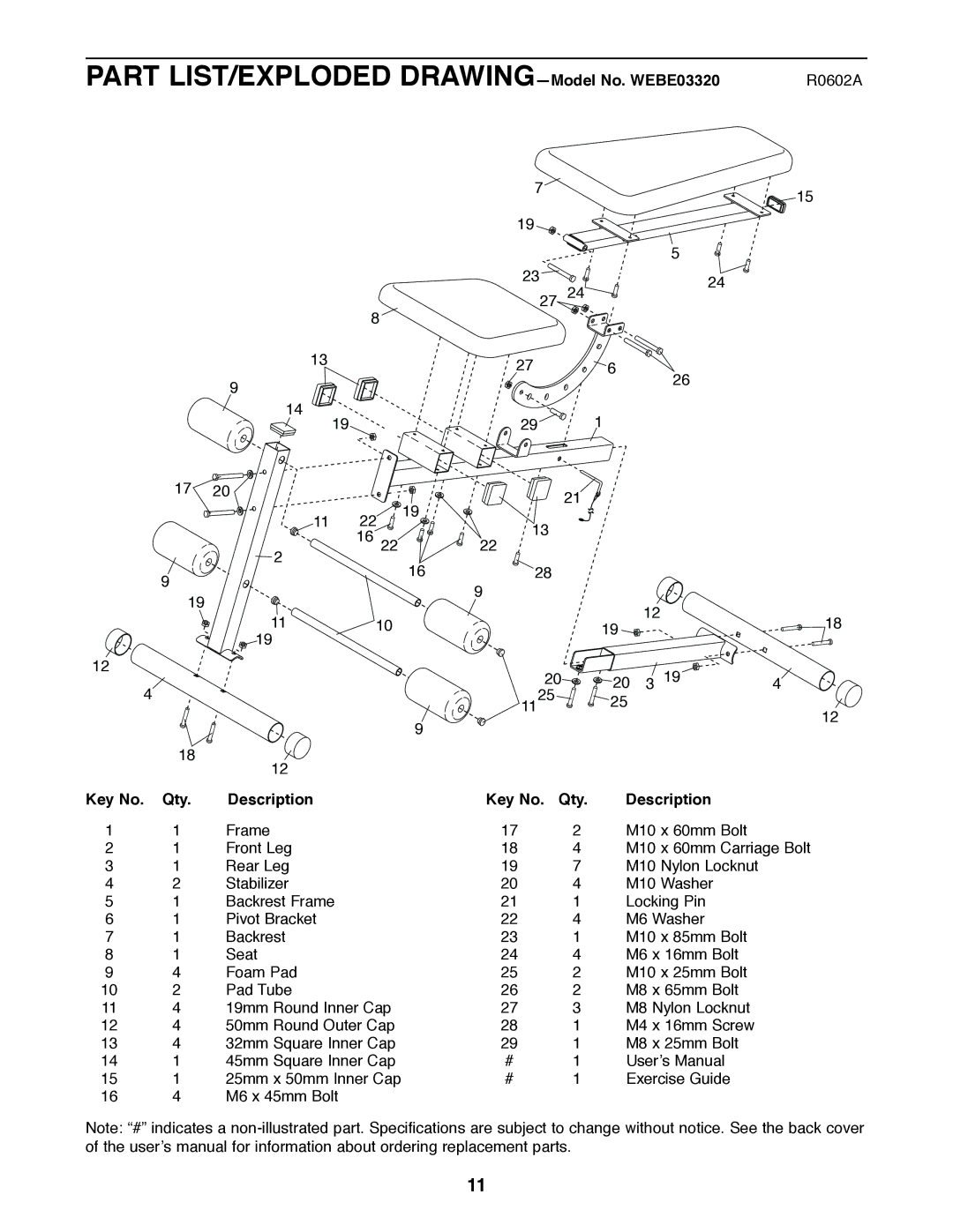 Weider user manual Part LIST/EXPLODED DRAWING-Model No. WEBE03320, Key No. Qty Description 