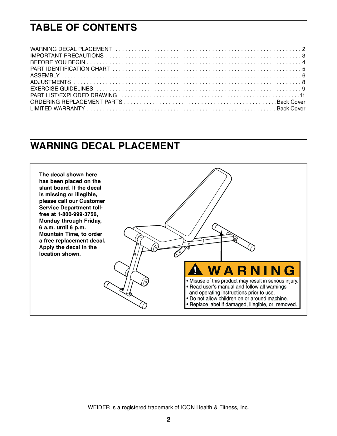 Weider WEBE03320 user manual Table of Contents 