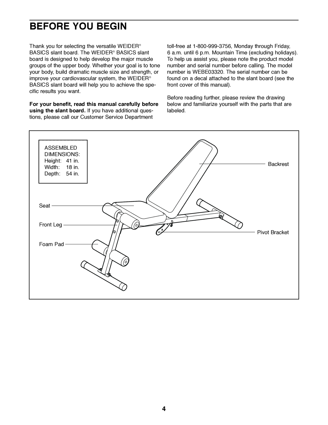 Weider WEBE03320 user manual Before YOU Begin 