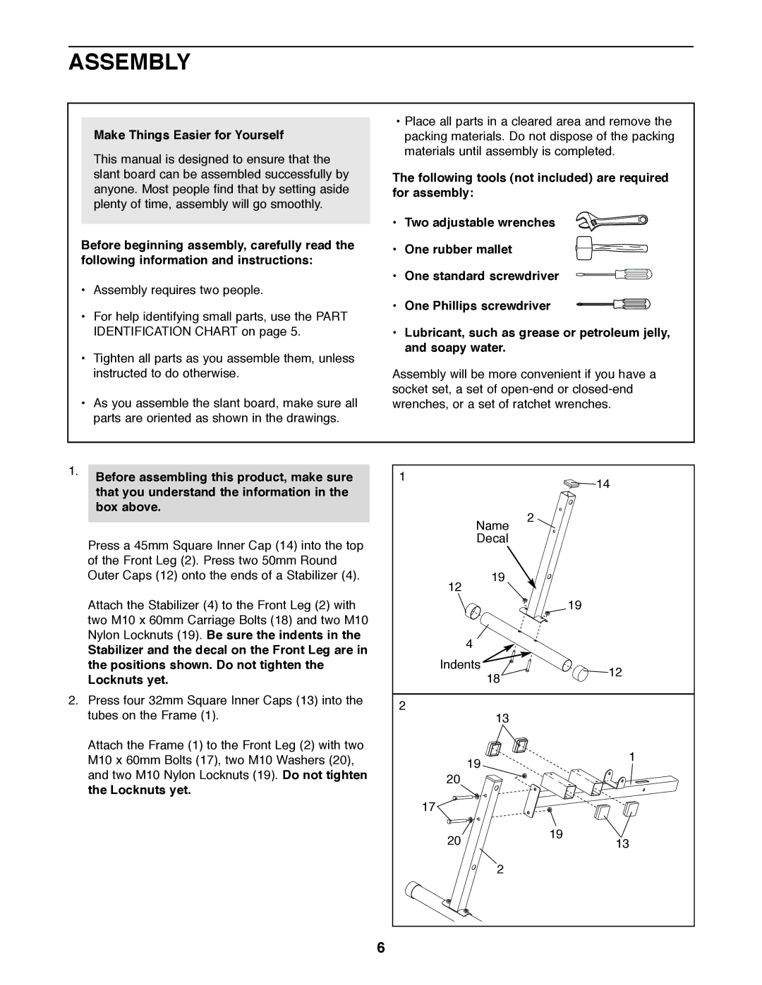 Weider WEBE03320 user manual Assembly, Make Things Easier for Yourself 