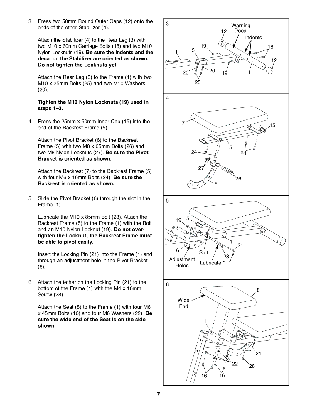 Weider WEBE03320 user manual Tighten the M10 Nylon Locknuts 19 used in steps, Bracket is oriented as shown 