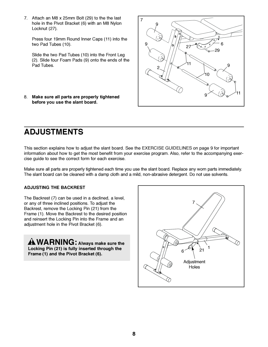 Weider WEBE03320 user manual Adjustments, Adjusting the Backrest 