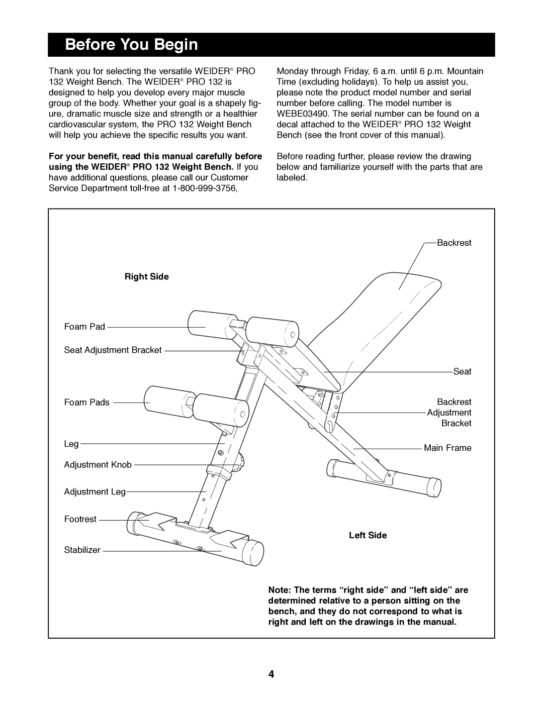 Weider WEBE03490 manual Before You Begin, Right Side, Left Side 