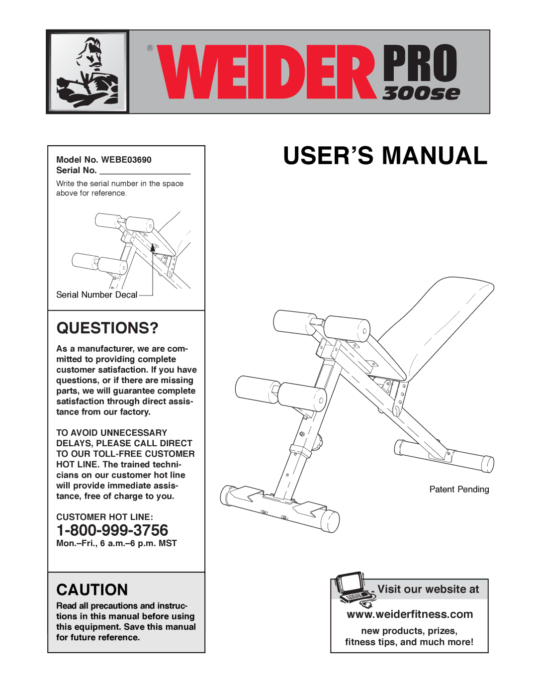 Weider manual Model No. WEBE03690 Serial No, Customer HOT Line 