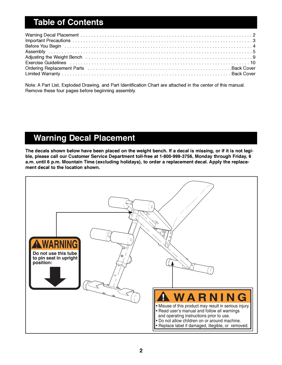 Weider WEBE03690 manual Table of Contents 