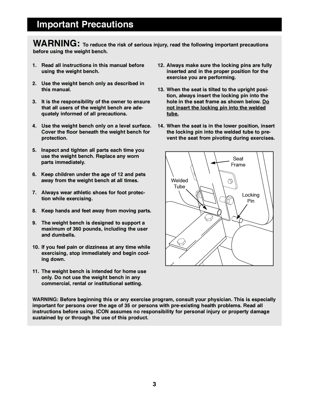 Weider WEBE03690 manual Important Precautions 