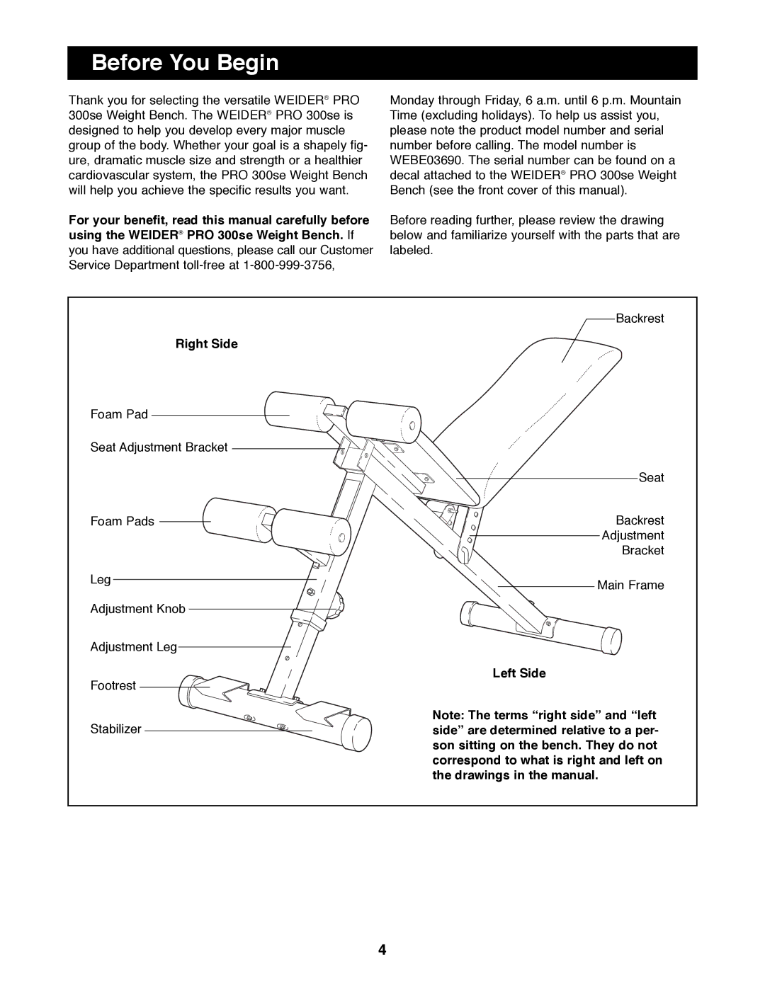 Weider WEBE03690 manual Before You Begin, Right Side, Left Side 