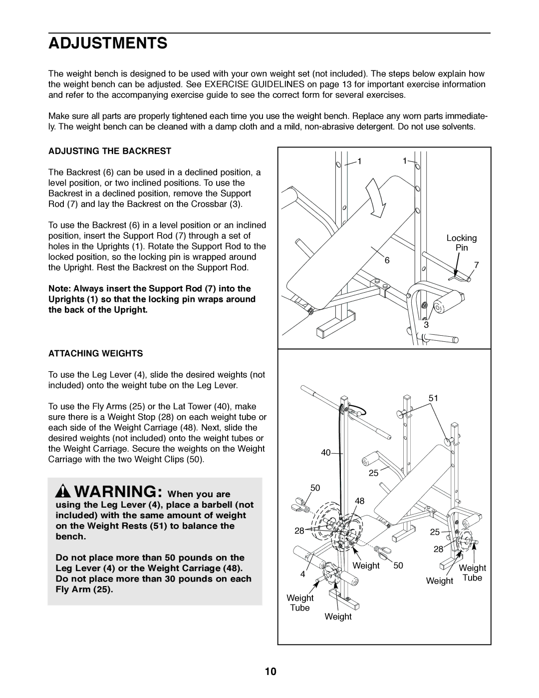 Weider WEBE03820 user manual Adjustments, Adjusting the Backrest, Attaching Weights 