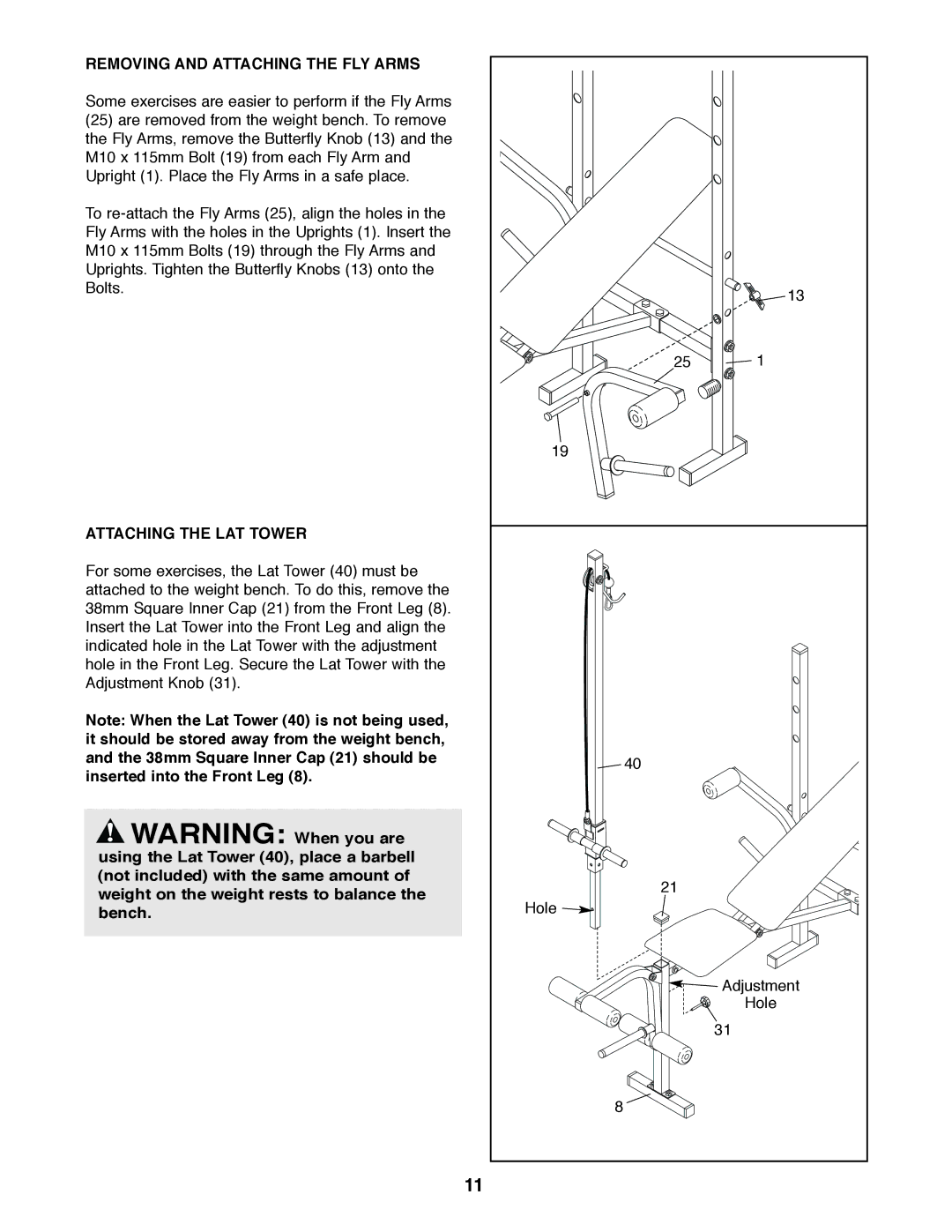 Weider WEBE03820 user manual Removing and Attaching the FLY Arms, Attaching the LAT Tower 