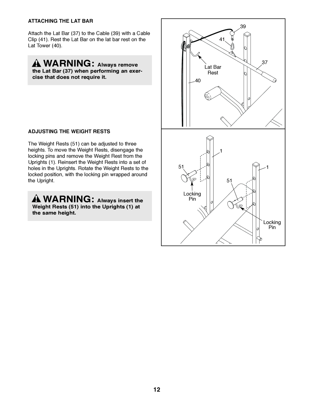 Weider WEBE03820 user manual Attaching the LAT BAR, Adjusting the Weight Rests 