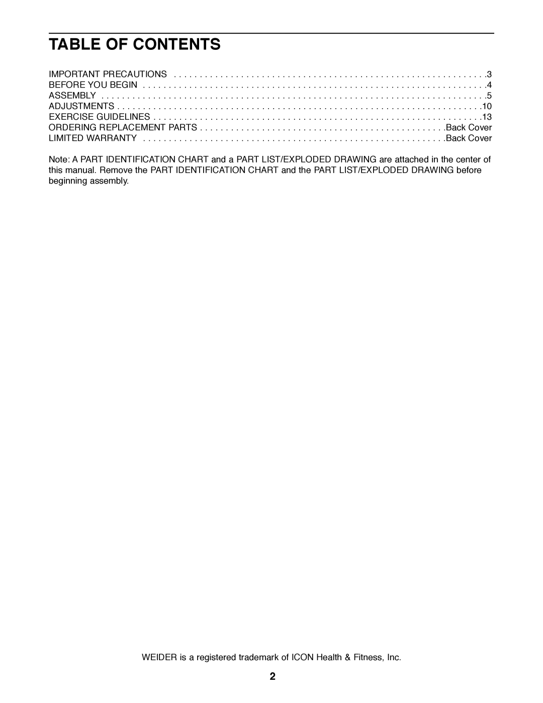 Weider WEBE03820 user manual Table of Contents 