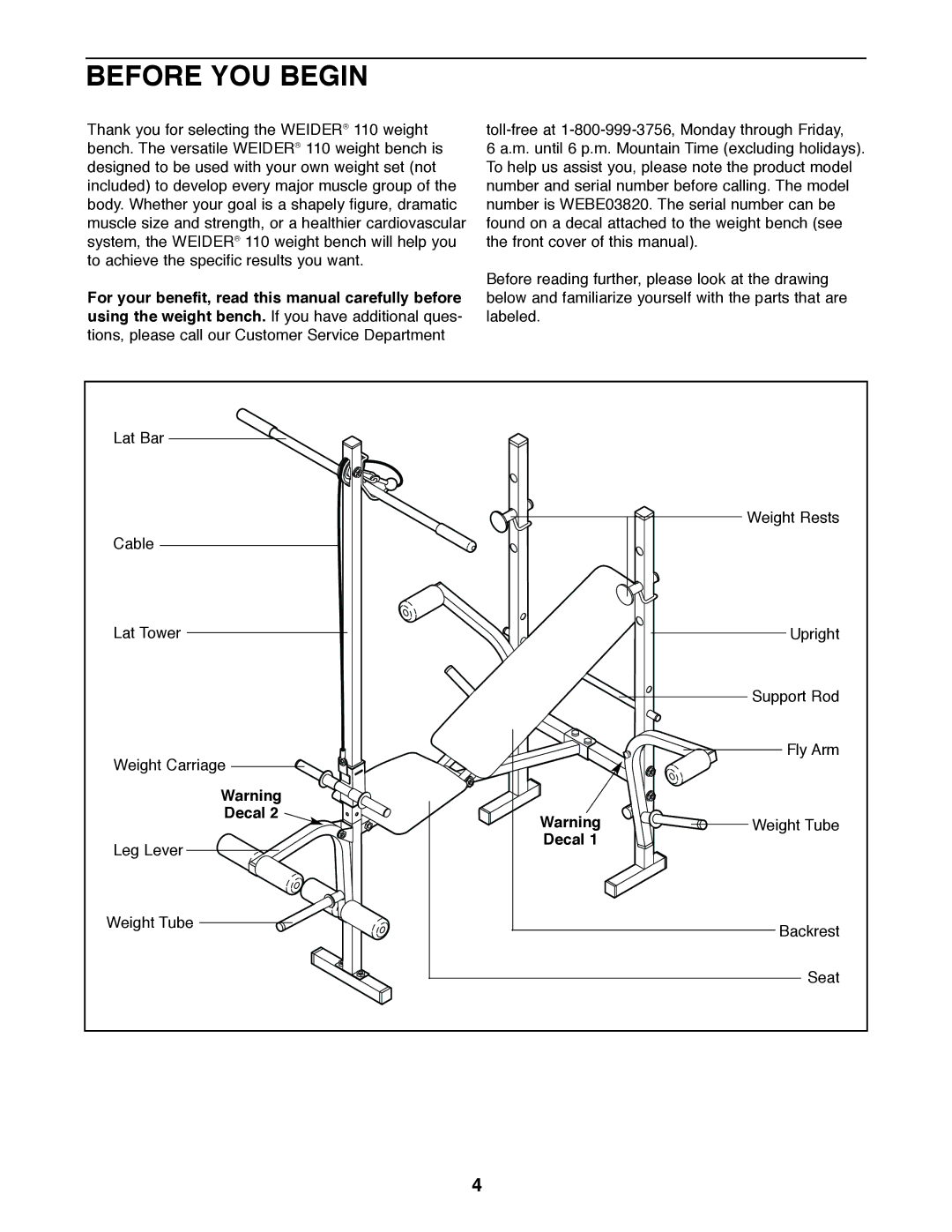 Weider WEBE03820 user manual Before YOU Begin, Decal 