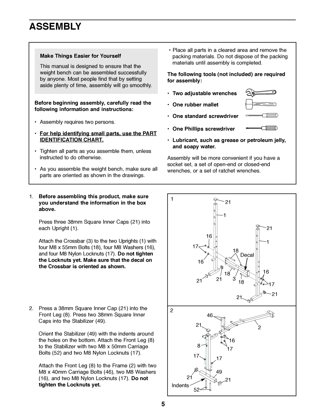 Weider WEBE03820 user manual Assembly, Make Things Easier for Yourself 