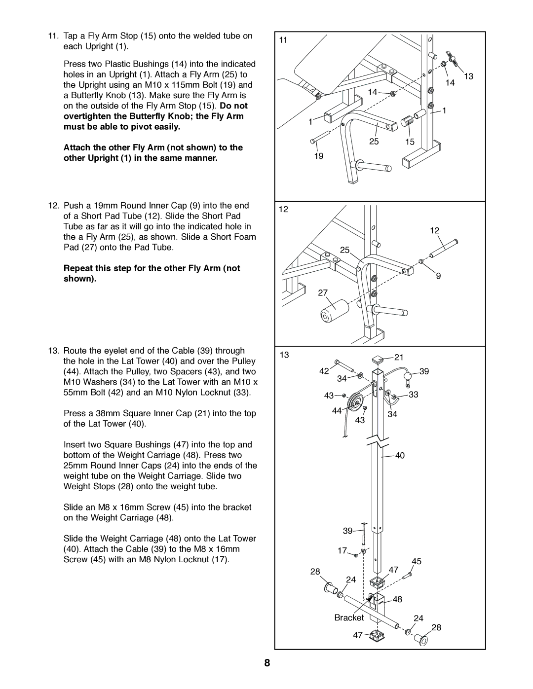 Weider WEBE03820 user manual Repeat this step for the other Fly Arm not shown 