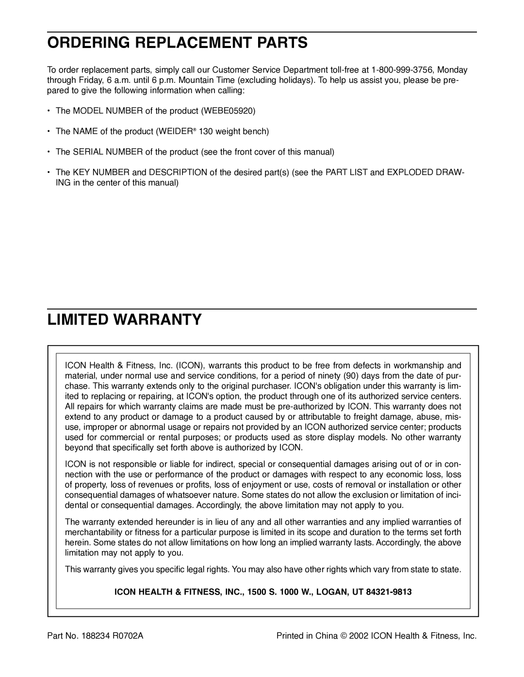 Weider WEBE05920 user manual Ordering Replacement Parts, Limited Warranty 