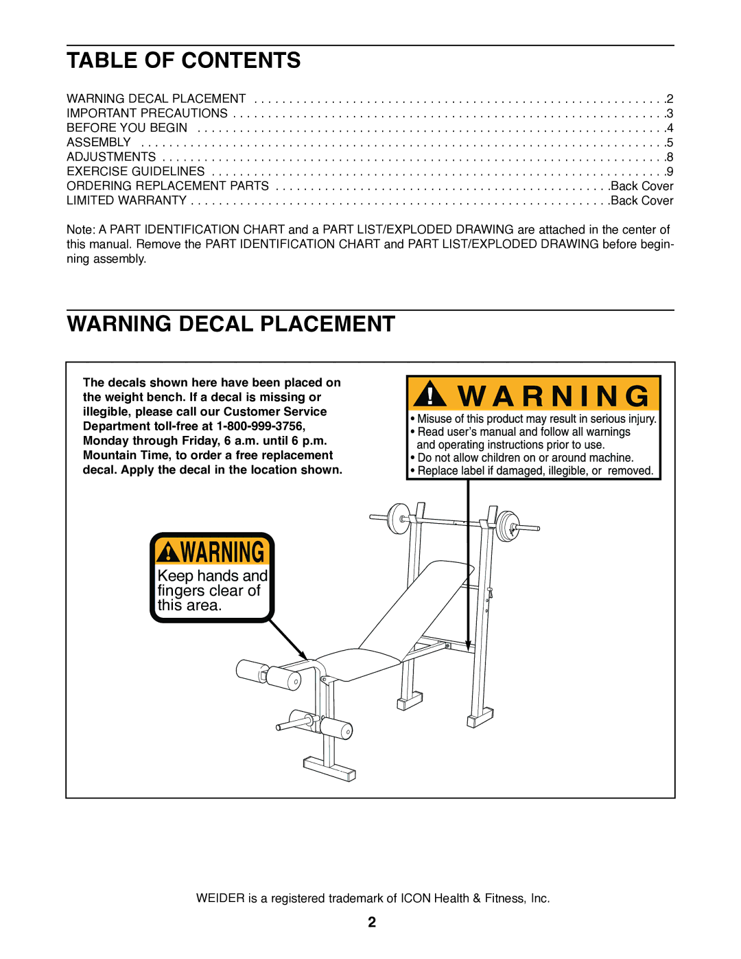 Weider WEBE05920 user manual Table of Contents 