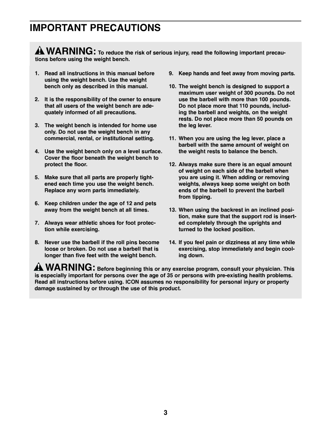 Weider WEBE05920 user manual Important Precautions 