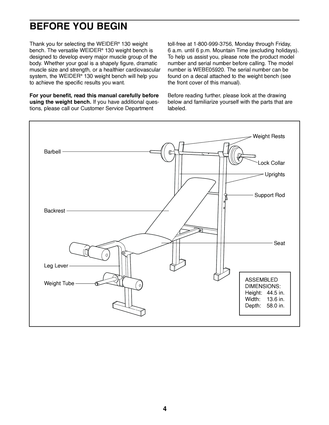 Weider WEBE05920 user manual Before YOU Begin 