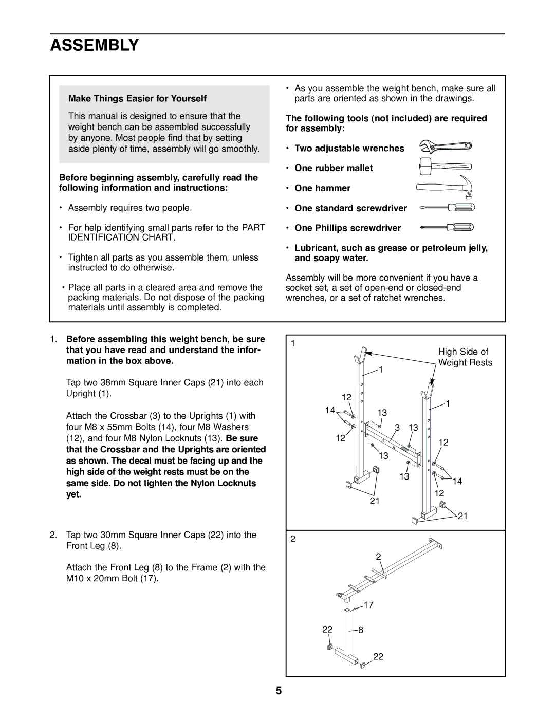 Weider WEBE05920 user manual Assembly, Make Things Easier for Yourself 