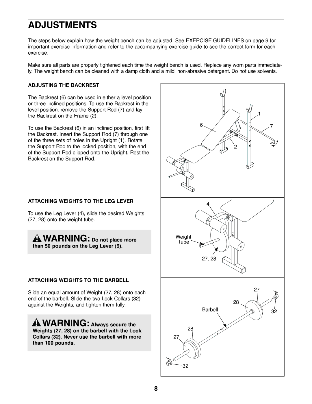 Weider WEBE05920 Adjustments, Adjusting the Backrest, Attaching Weights to the LEG Lever, Attaching Weights to the Barbell 