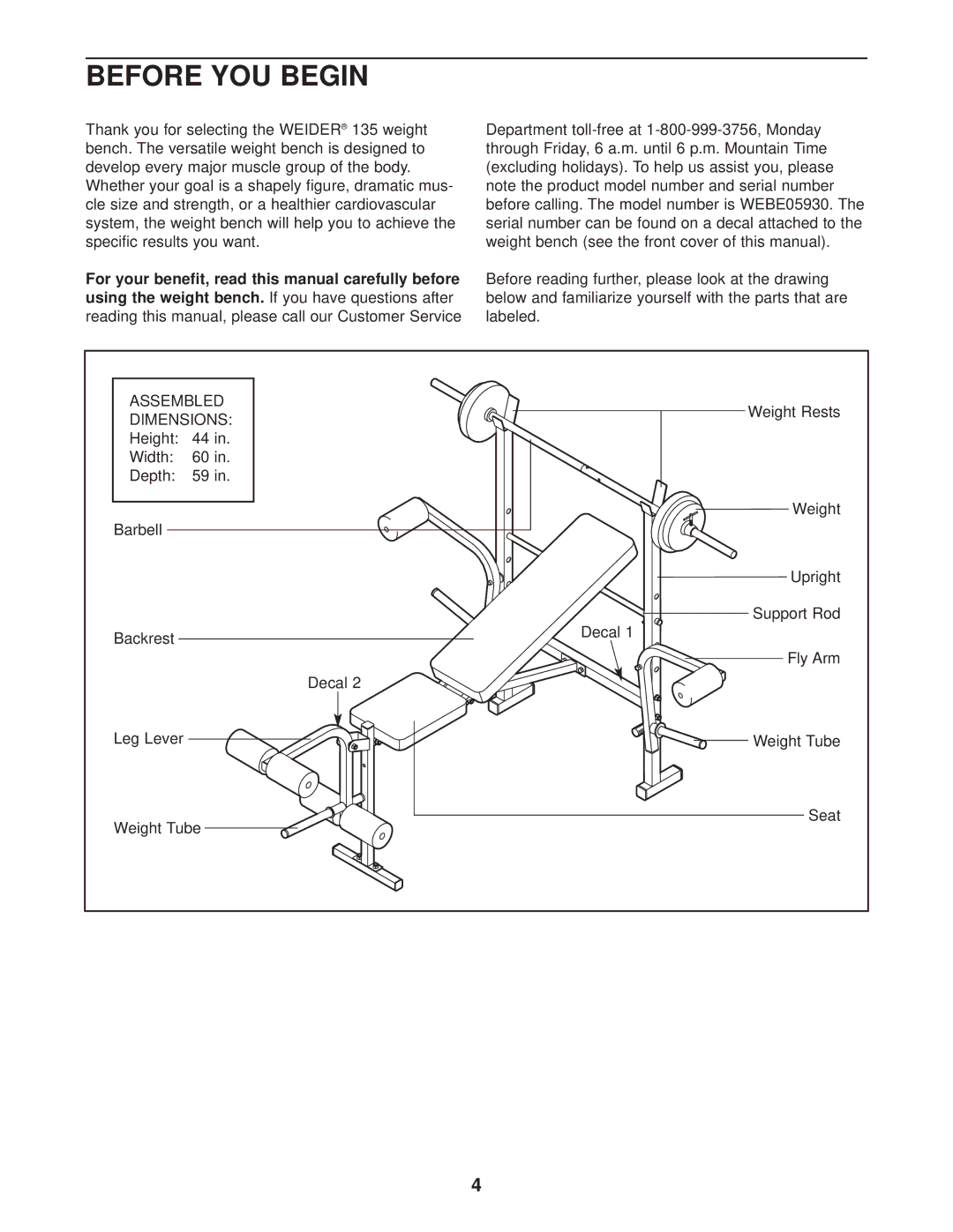 Weider WEBE05930 user manual Before YOU Begin, Dimensions 