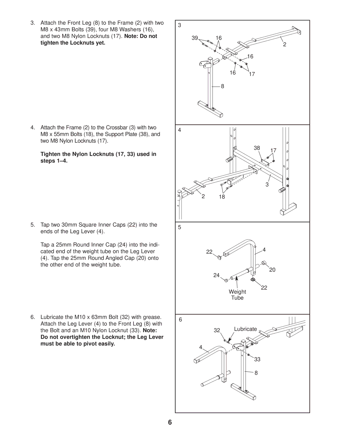 Weider WEBE05930 user manual Tighten the Nylon Locknuts 17, 33 used in steps 