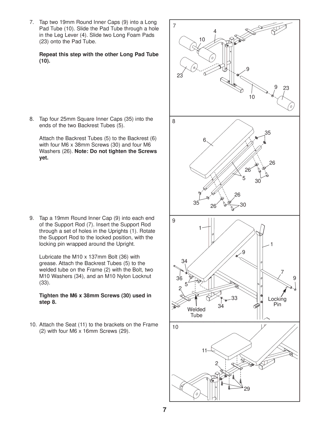 Weider WEBE05930 user manual Repeat this step with the other Long Pad Tube, Tighten the M6 x 38mm Screws 30 used in step 