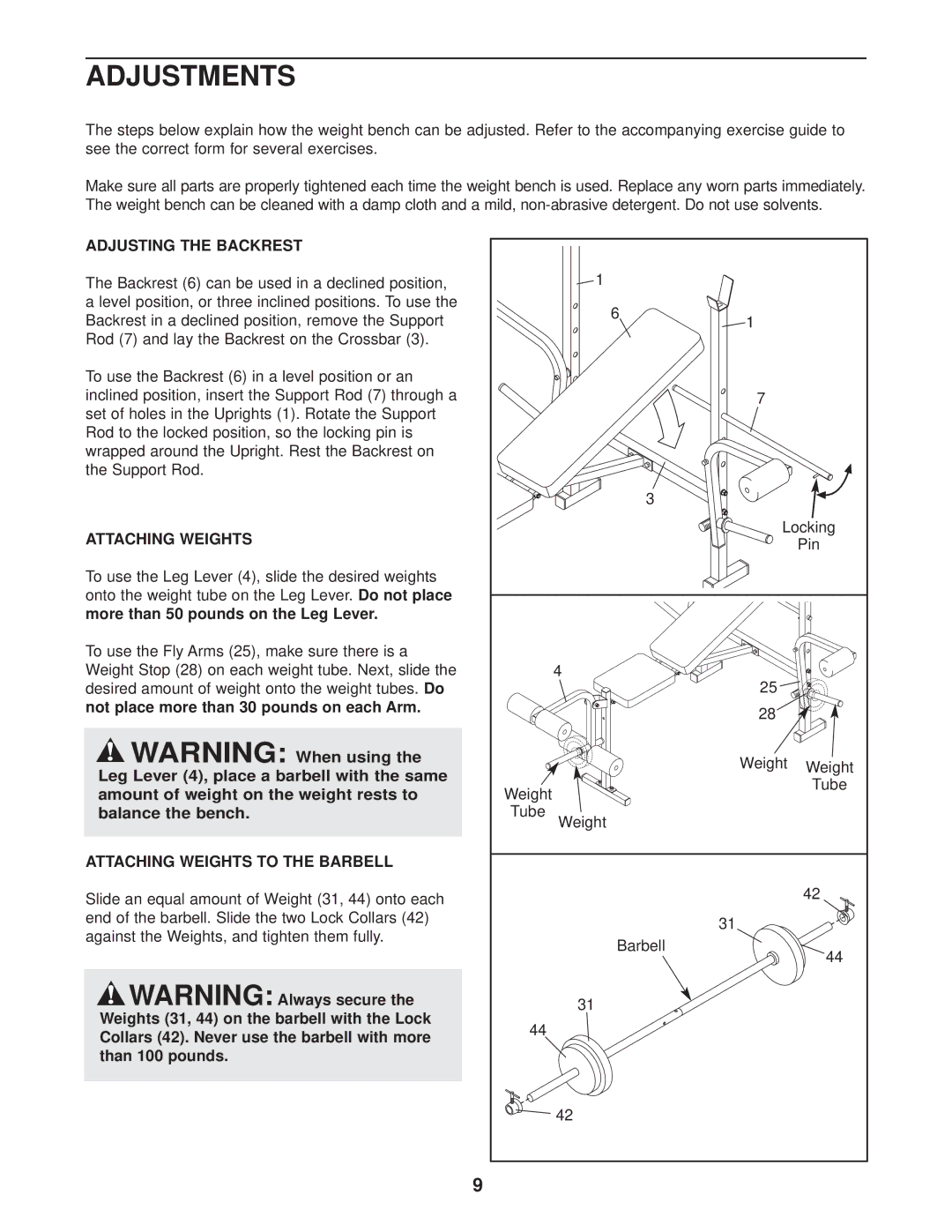 Weider WEBE05930 user manual Adjustments, Adjusting the Backrest, Attaching Weights to the Barbell 