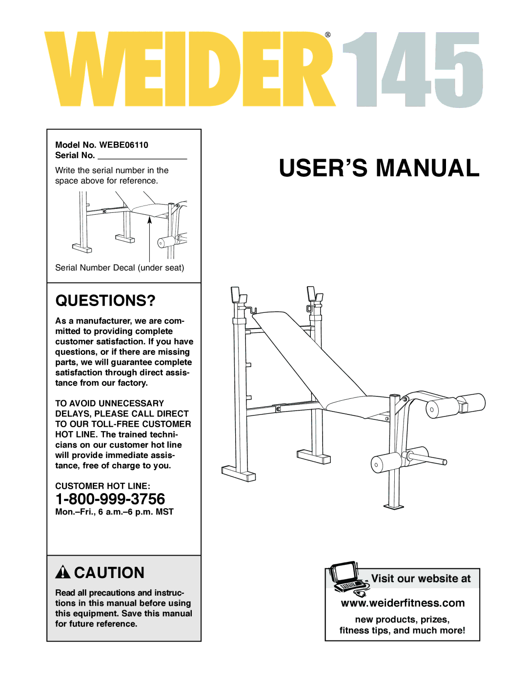 Weider WEBE06110 user manual Questions?, Customer HOT Line 