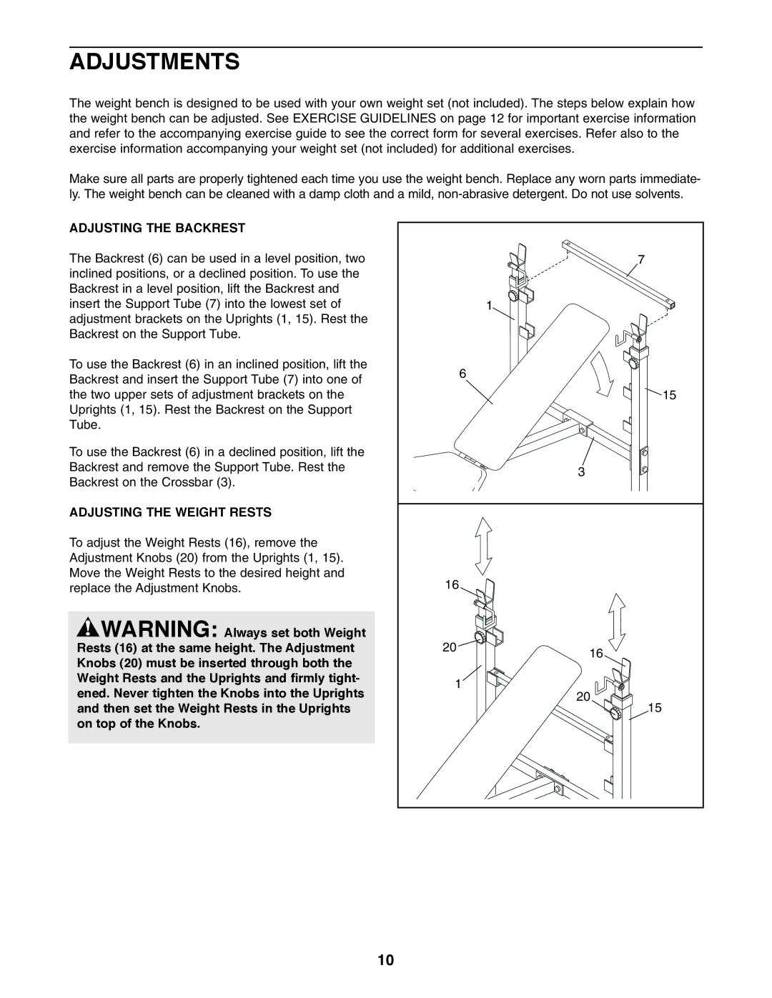 Weider WEBE06110 user manual Adjustments, Adjusting the Backrest, Adjusting the Weight Rests 