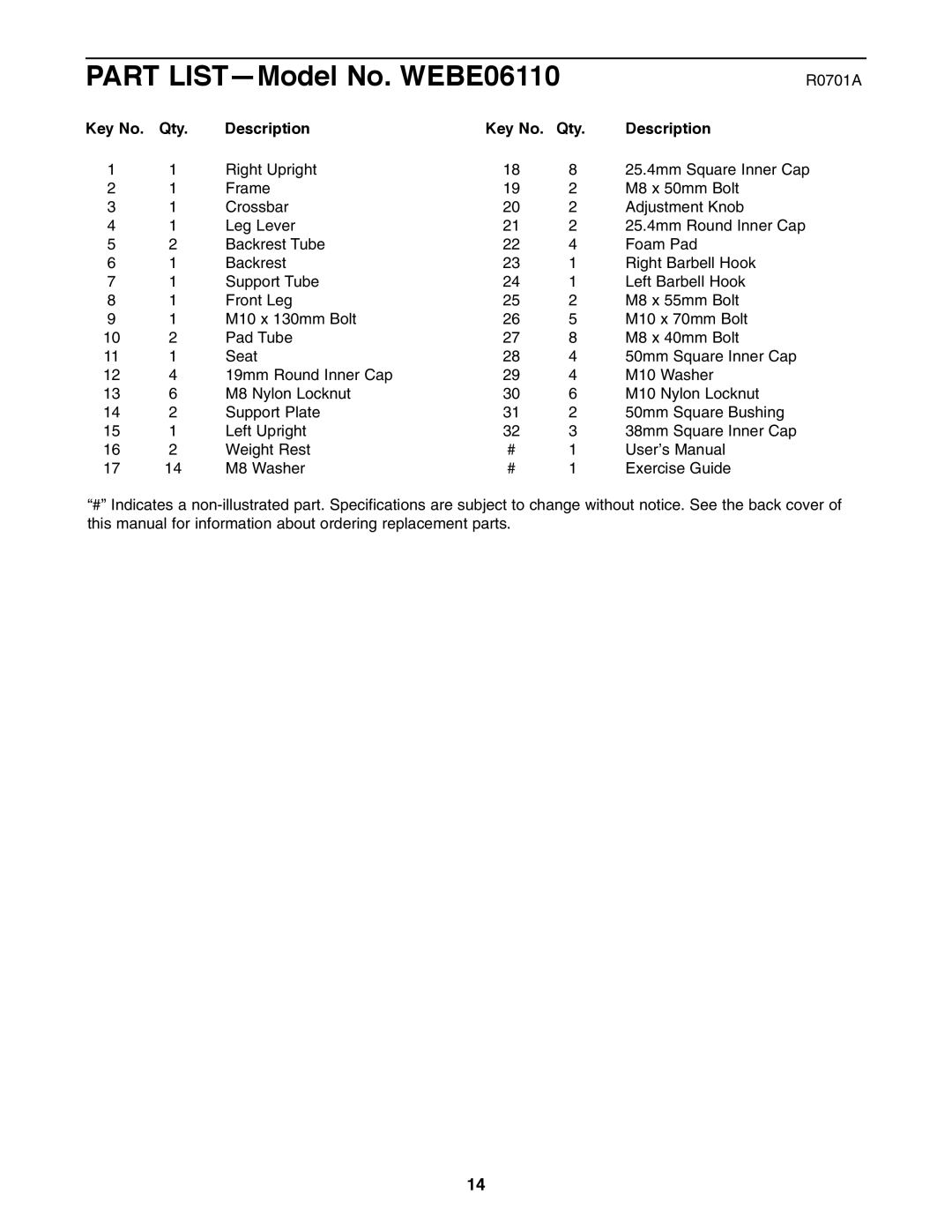 Weider user manual Part LIST-Model No. WEBE06110 