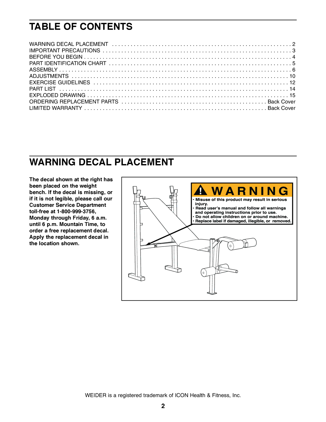 Weider WEBE06110 user manual Table of Contents 