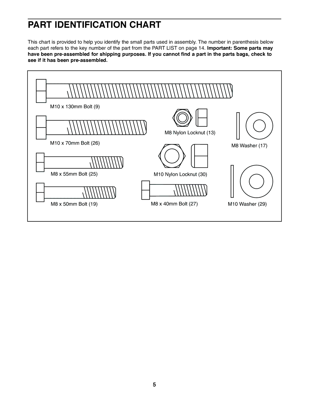 Weider WEBE06110 user manual Part Identification Chart 