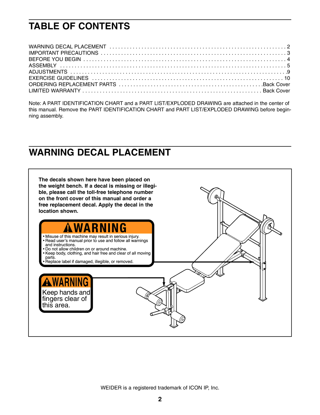 Weider WEBE0635.0 user manual Table of Contents 