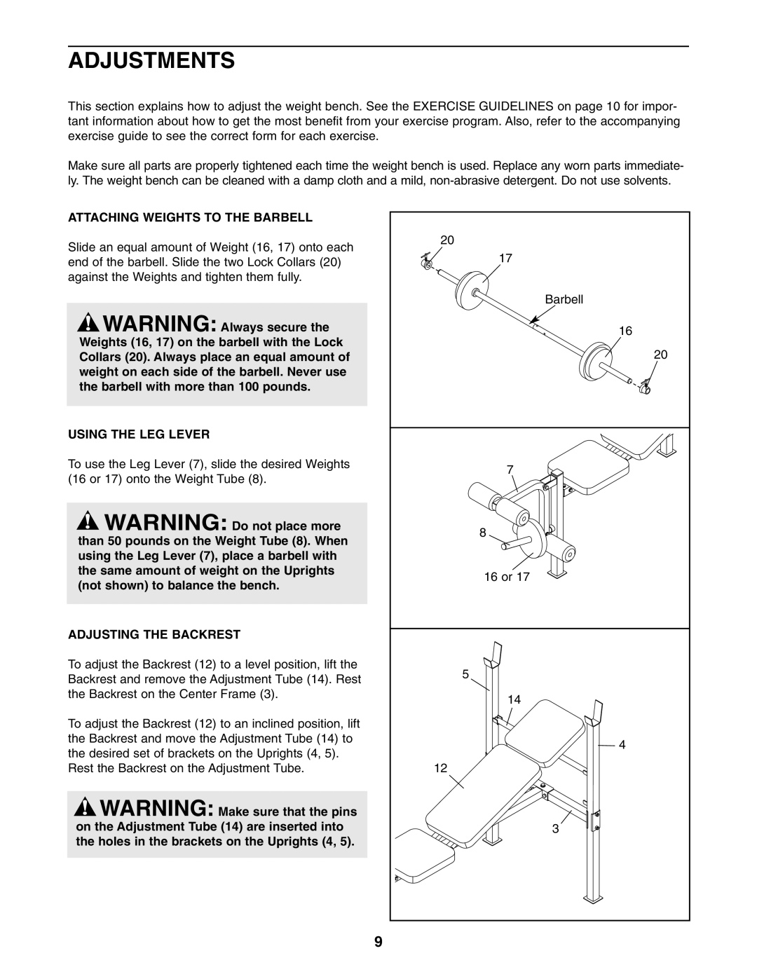 Weider WEBE0635.0 user manual Adjustments, Attaching Weights to the Barbell, Using the LEG Lever, Adjusting the Backrest 