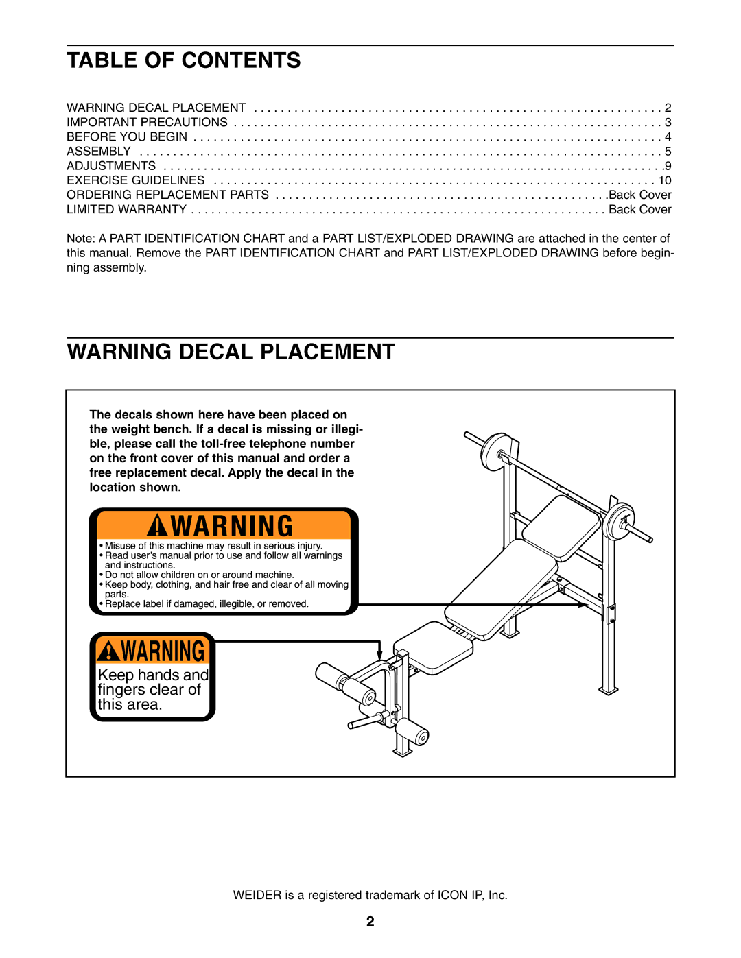 Weider WEBE0635.1 user manual Table of Contents 