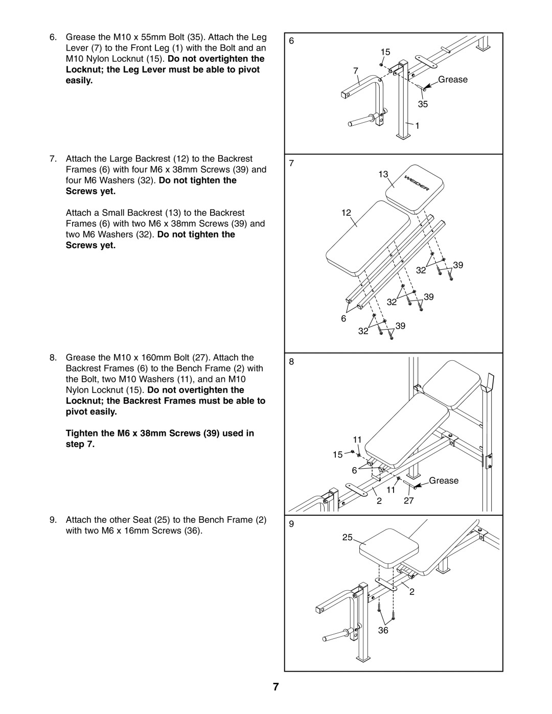 Weider WEBE0635.1 user manual Locknut the Leg Lever must be able to pivot easily, Screws yet 