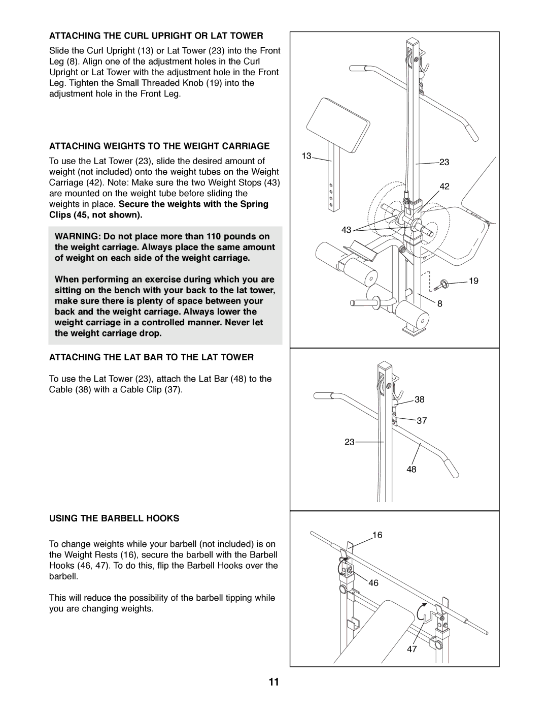 Weider WEBE06690 manual Attaching the Curl Upright or LAT Tower, Attaching Weights to the Weight Carriage 