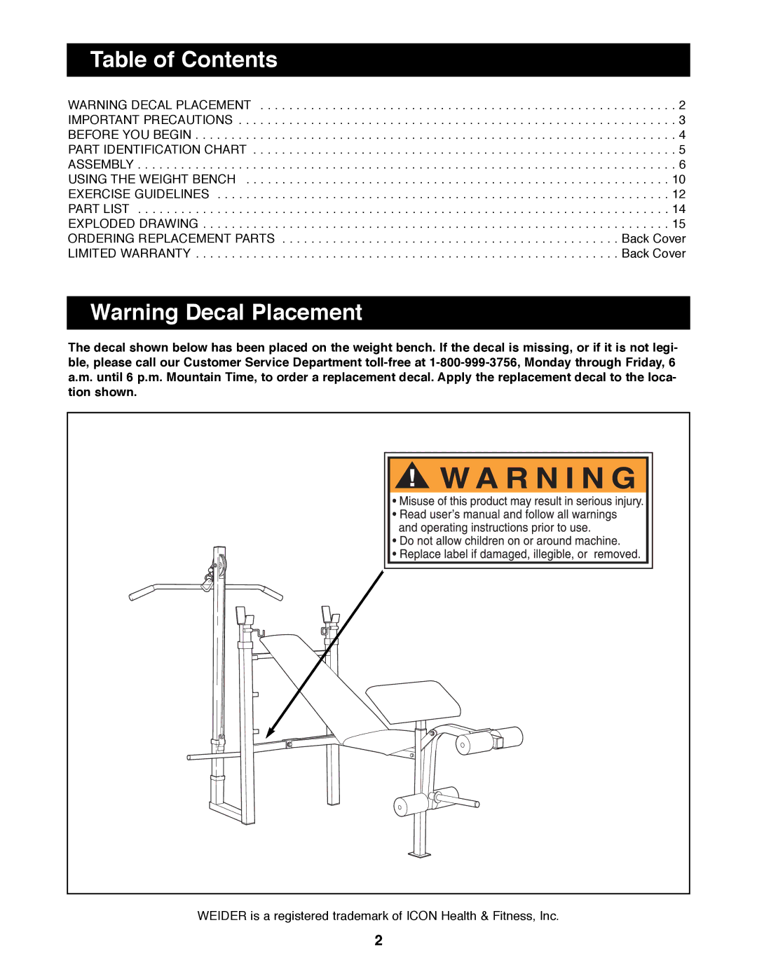 Weider WEBE06690 manual Table of Contents 