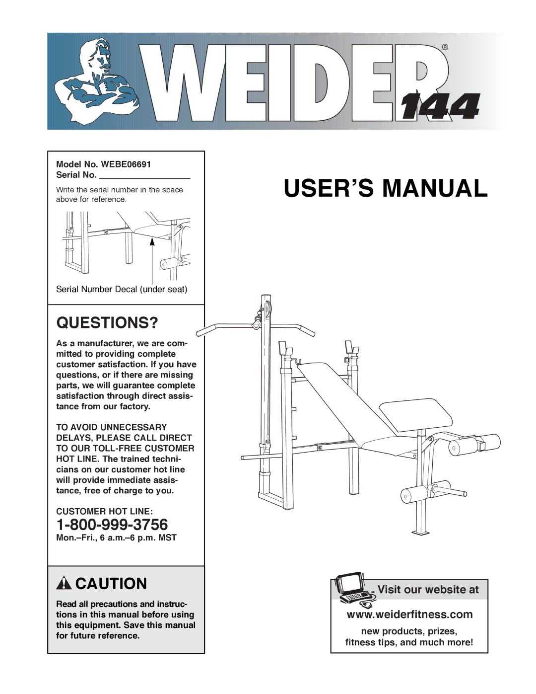 Weider WEBE06691 manual Questions?, Customer HOT Line 