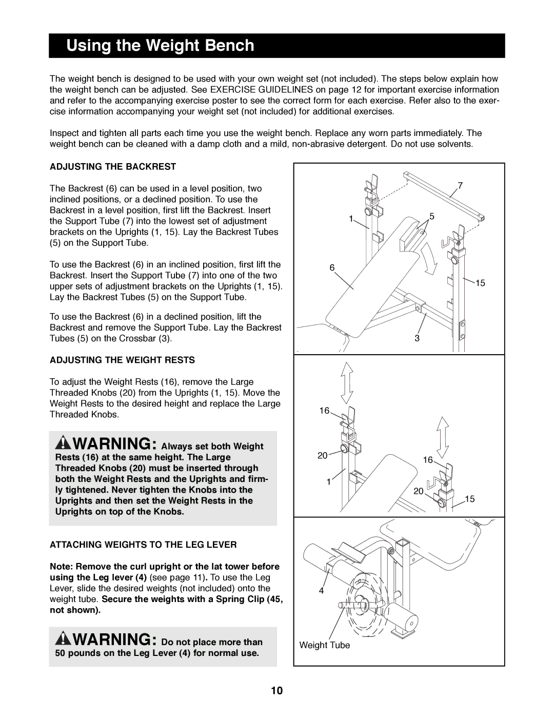 Weider WEBE06691 manual Using the Weight Bench, Adjusting the Backrest, Adjusting the Weight Rests 