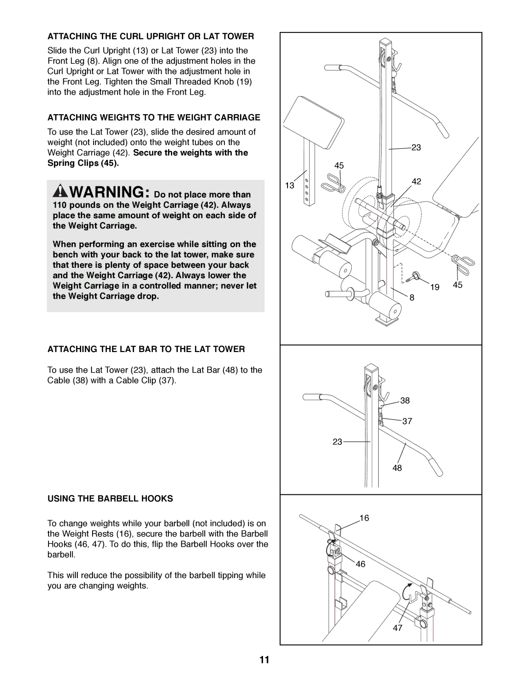 Weider WEBE06691 manual Attaching the Curl Upright or LAT Tower, Attaching Weights to the Weight Carriage 