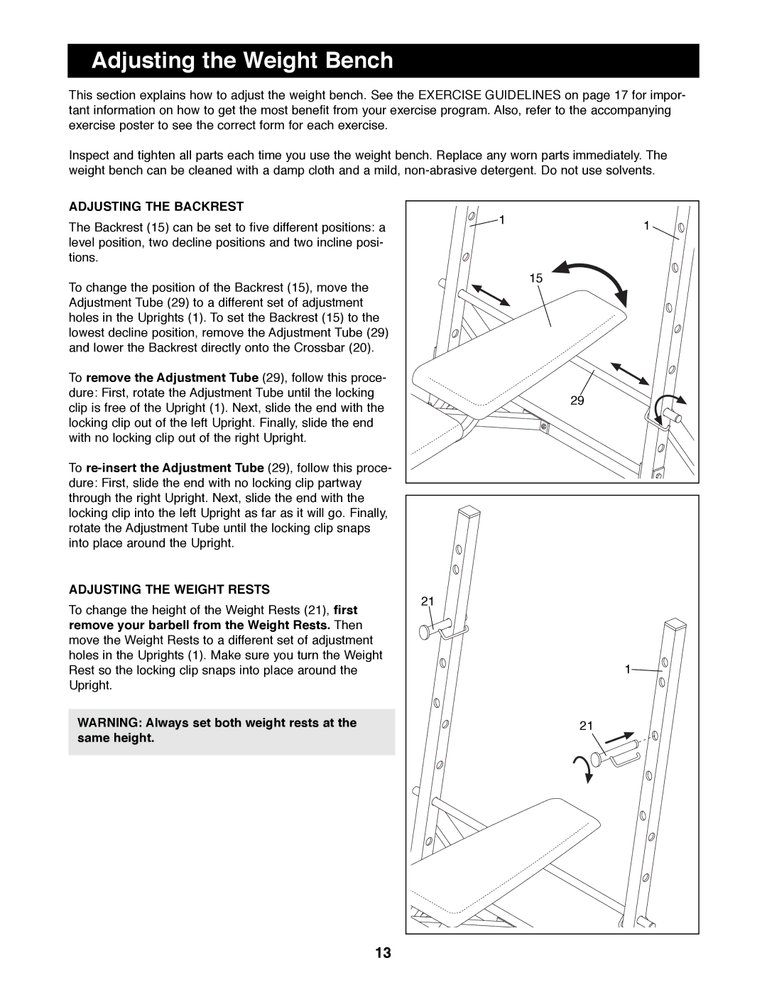 Weider WEBE07790 manual Adjusting the Weight Bench, Adjusting the Backrest, Adjusting the Weight Rests 