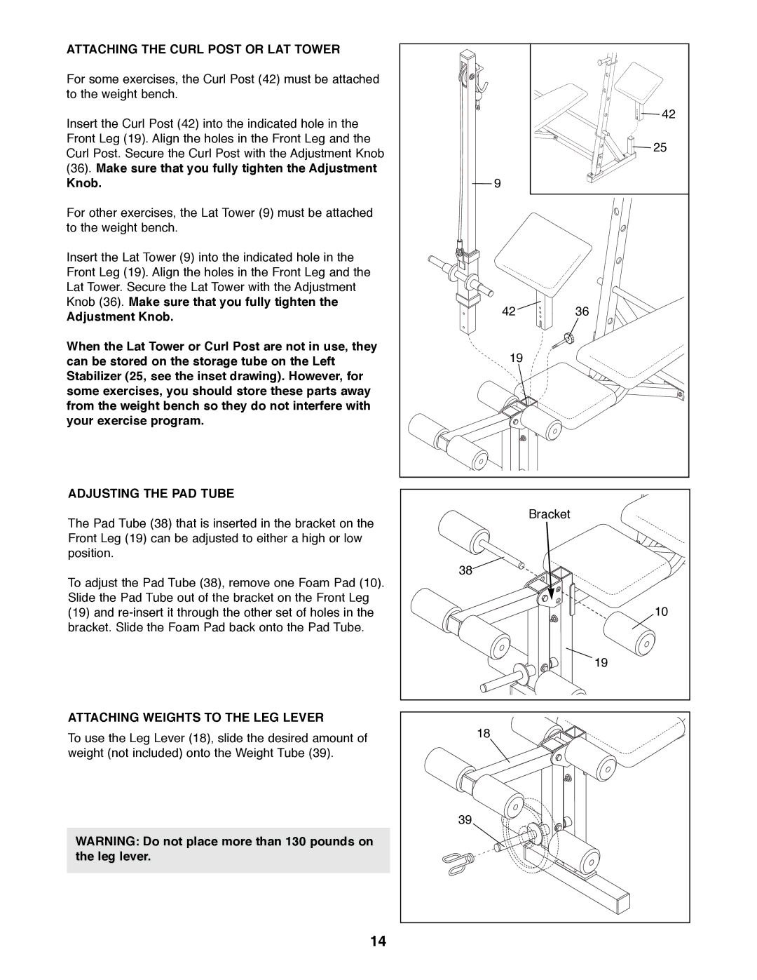 Weider WEBE07790 Attaching the Curl Post or LAT Tower, Knob, Adjusting the PAD Tube, Attaching Weights to the LEG Lever 