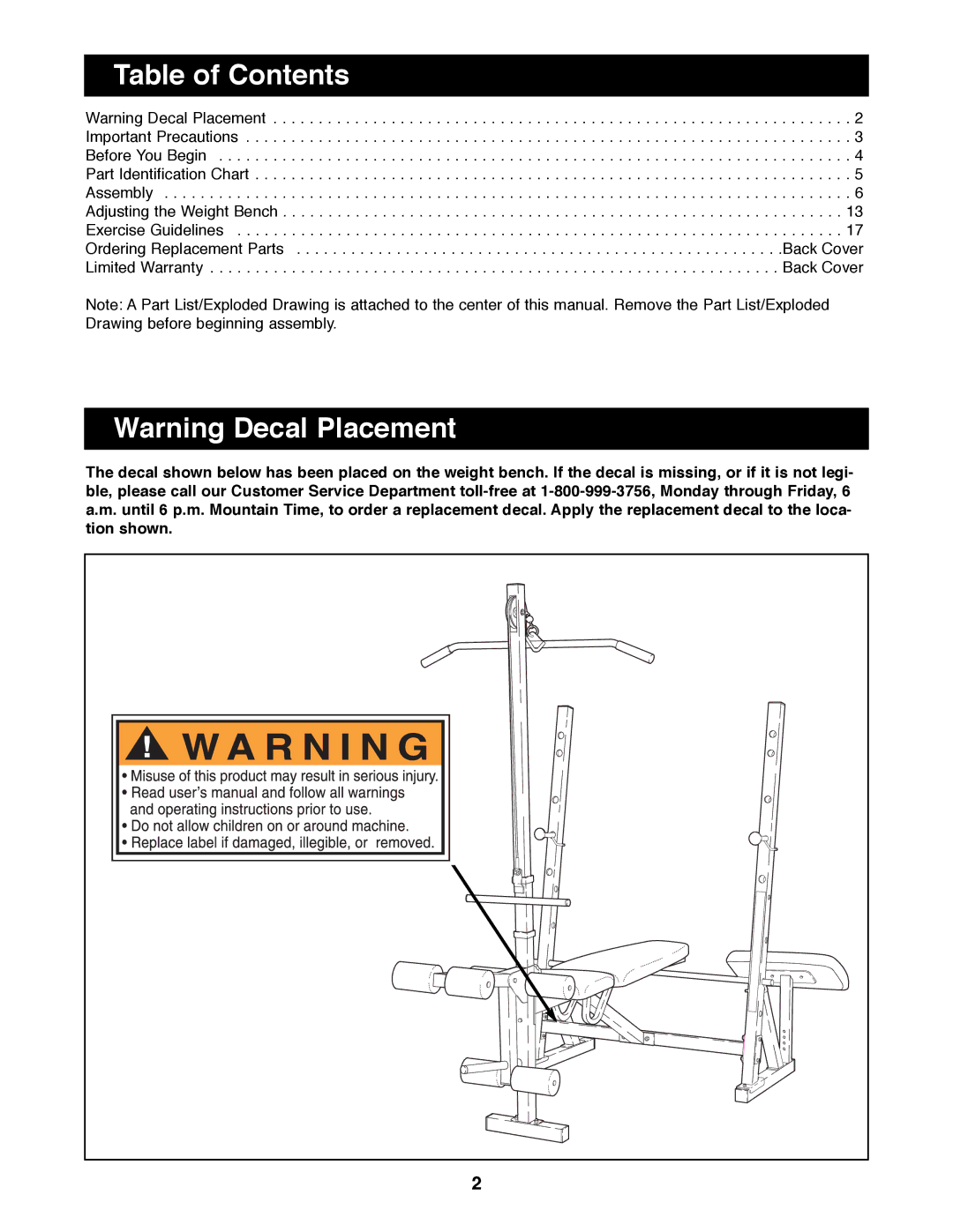 Weider WEBE07790 manual Table of Contents 