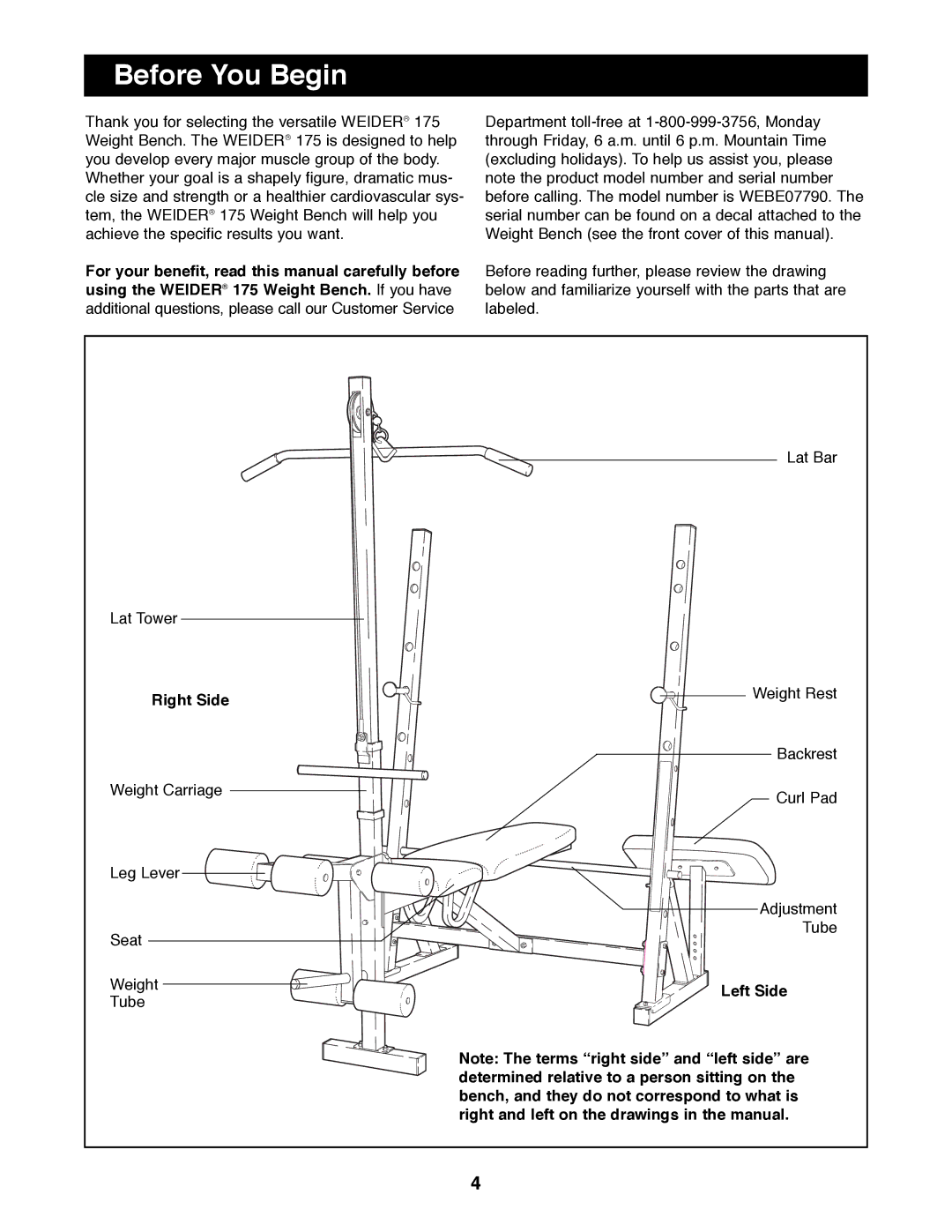 Weider WEBE07790 manual Before You Begin, Right Side, Left Side 