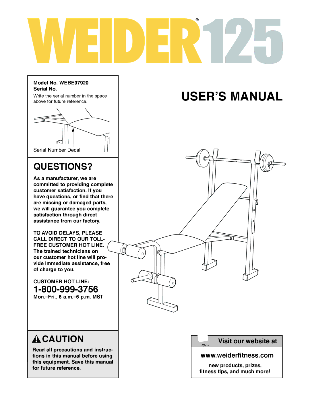 Weider WEBE07920 user manual Questions?, Customer HOT Line 