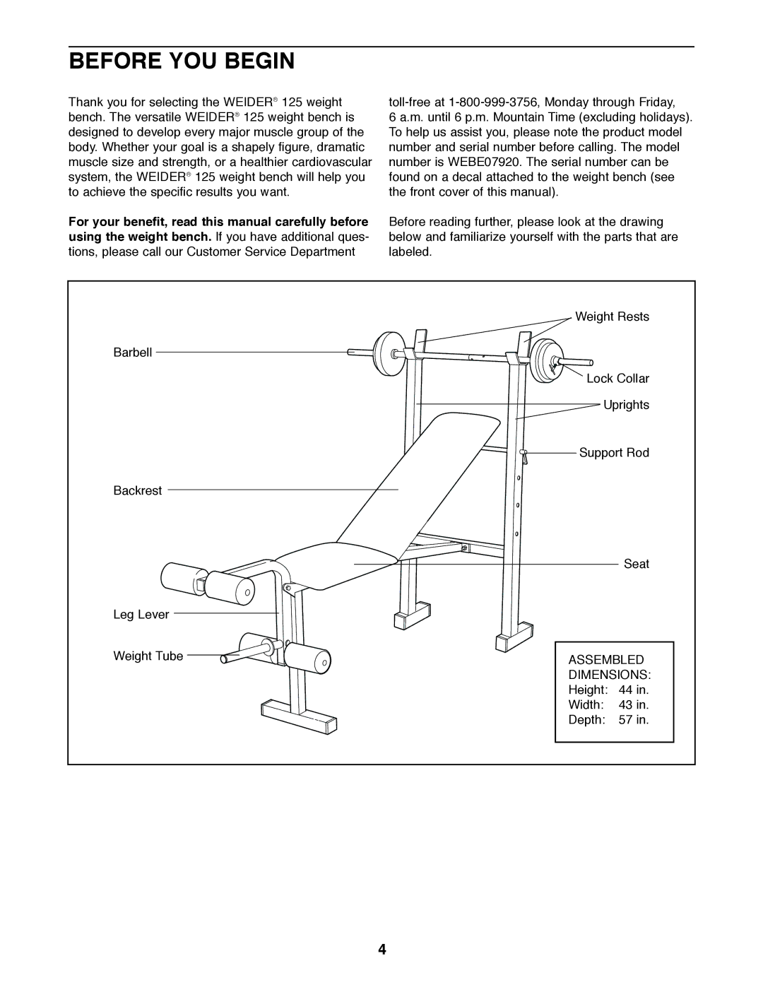 Weider WEBE07920 user manual Before YOU Begin 